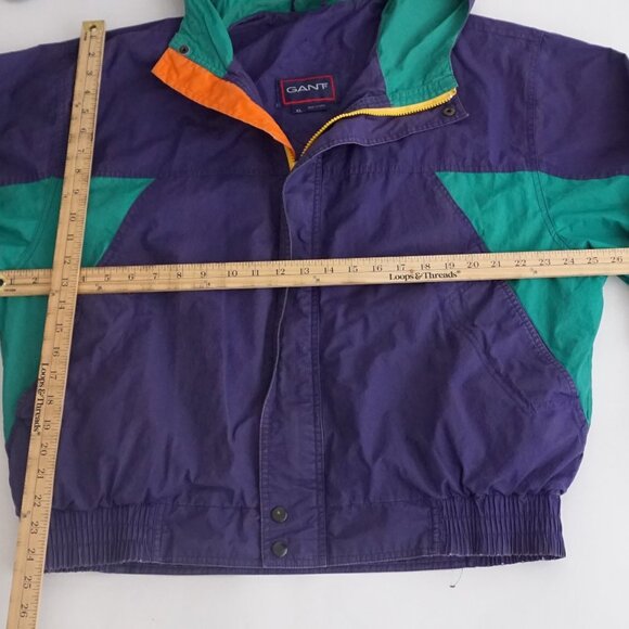 Vintage '80S Gant Purple Green Cotton Zip Up Nautical Windbreaker Hood Jacket XL - Picture 3 of 10